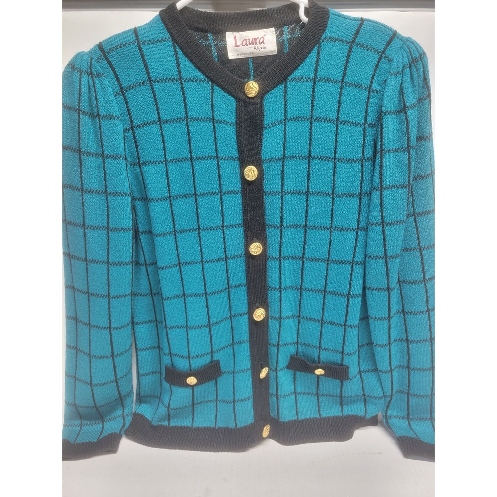 Vintage Laura by Alyzia Teal Black Grid‎ Cardigan Sweater Gold Buttons USA Made